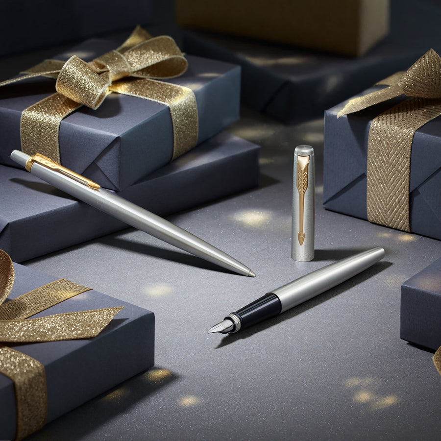 parker jotter duo gift set with ballpoint pen & fountain pen stainless steel with gold trim blue ink refill & cartridges