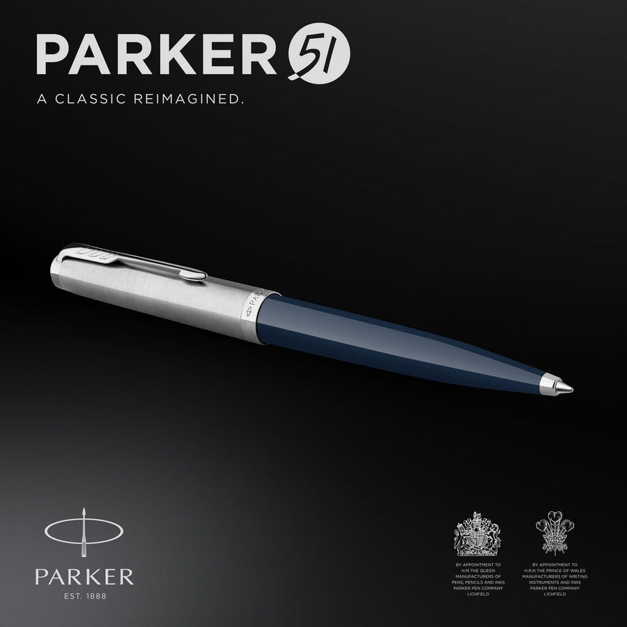 parker 51 ballpoint pen midnight blue barrel with chrome trim medium point with black ink refill