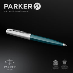 parker 51 ballpoint pen teal blue barrel with chrome trim medium point with black ink refill