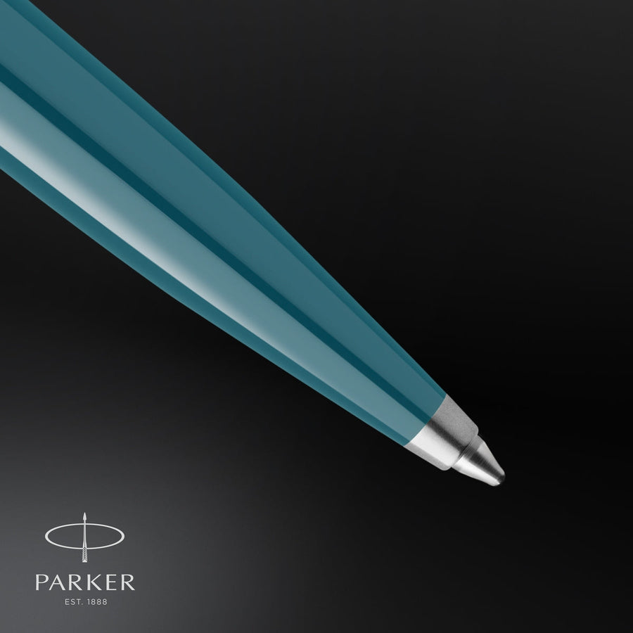 parker 51 ballpoint pen teal blue barrel with chrome trim medium point with black ink refill