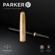 parker 51 fountain pen deluxe black barrel with gold trim medium 18k gold nib with black ink cartridge