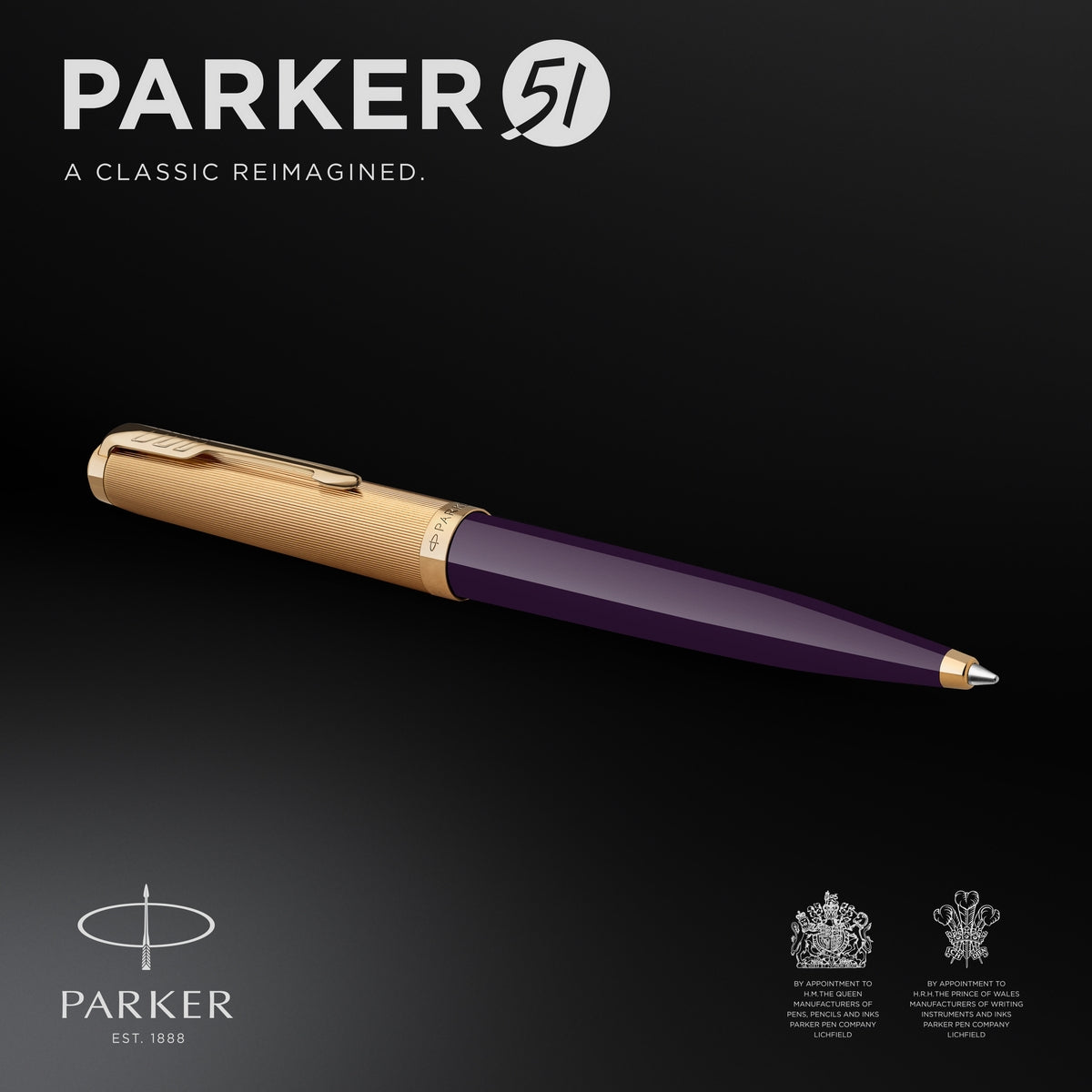 parker 51 ballpoint pen deluxe plum barrel with gold trim medium 18k gold point with black ink refill