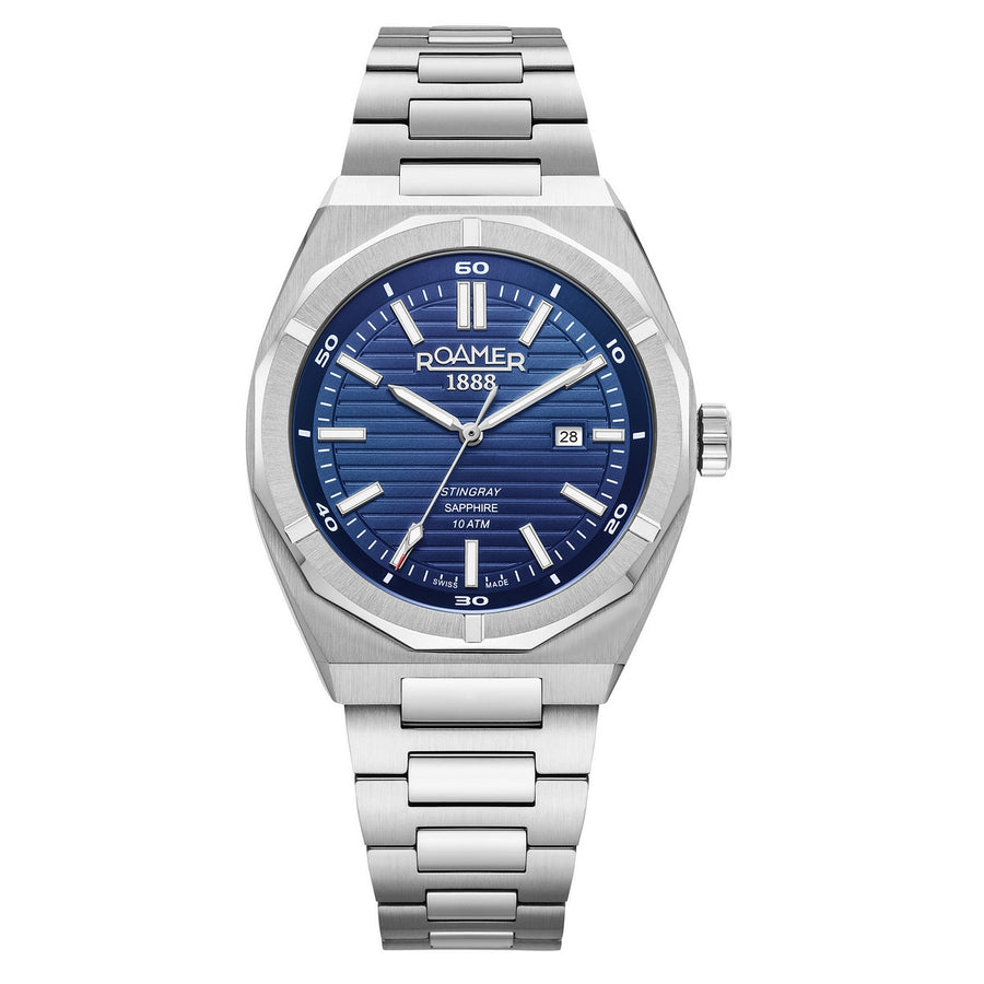 roamer stingray 42mm 3h blue dial stainless steel watch