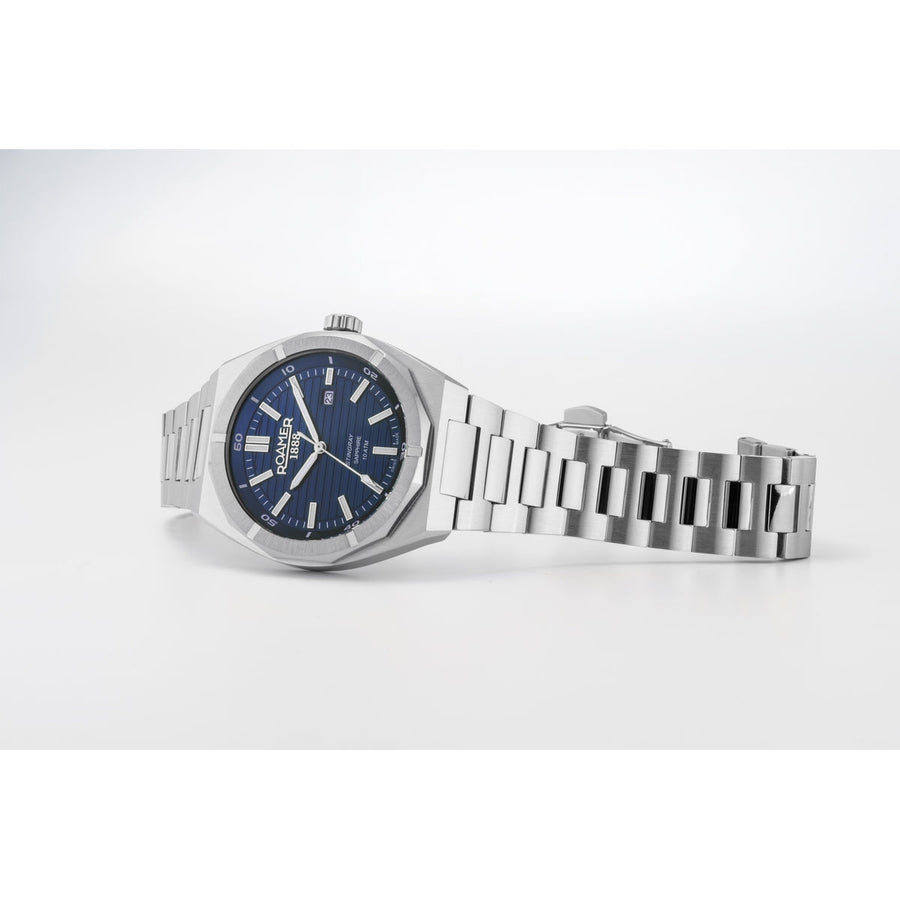 roamer stingray 42mm 3h blue dial stainless steel watch