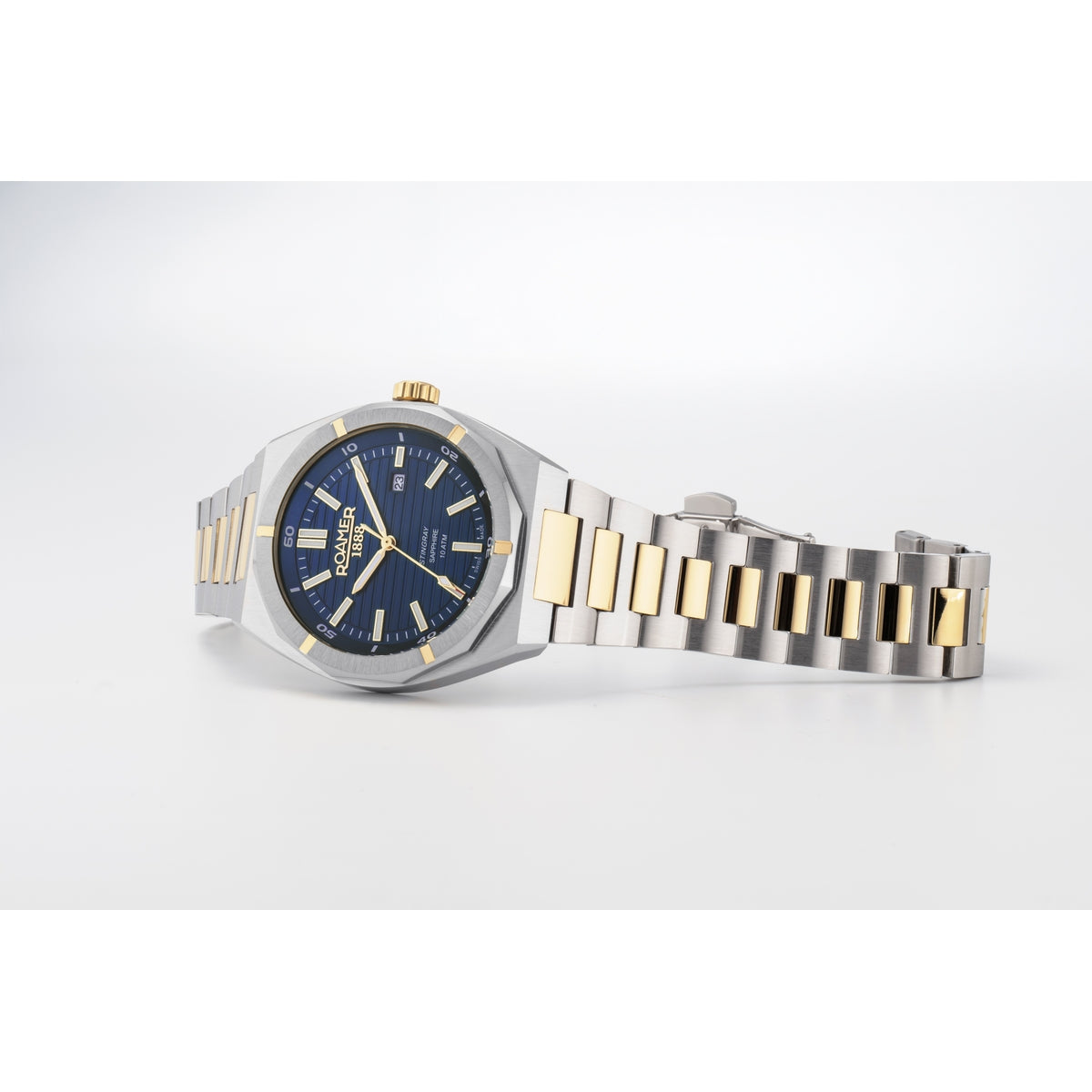 roamer stingray 42mm 3h blue dial two tone watch