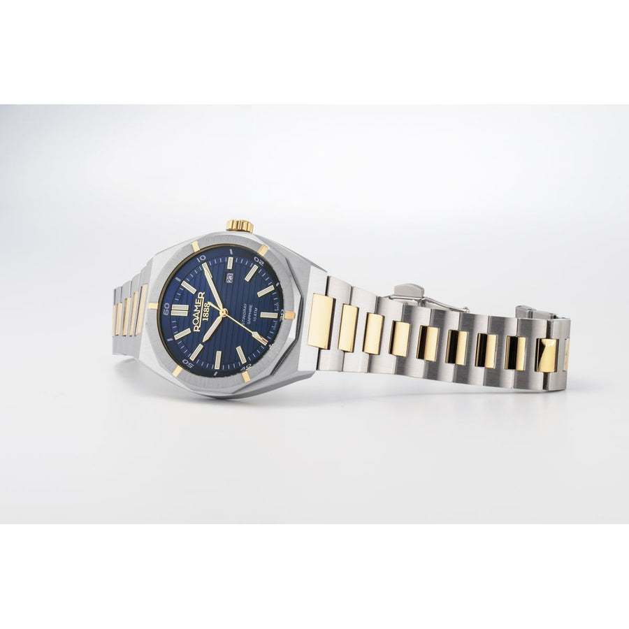 roamer stingray 42mm 3h blue dial two tone watch