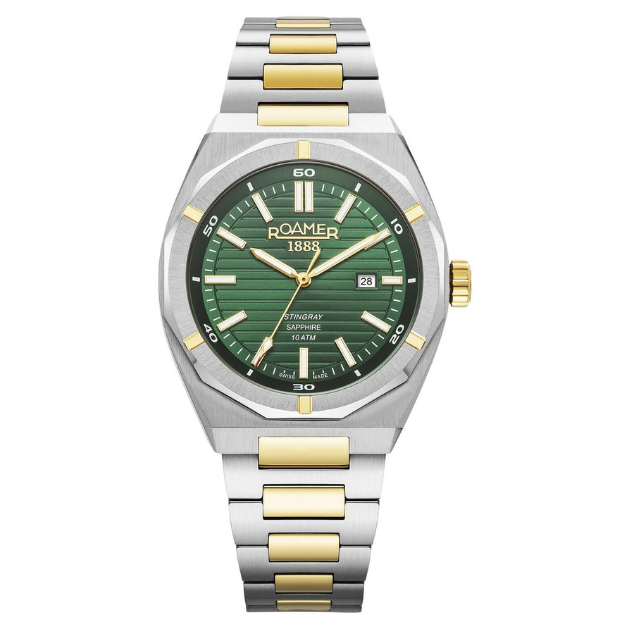 roamer stingray 42mm 3h green dial two tone watch