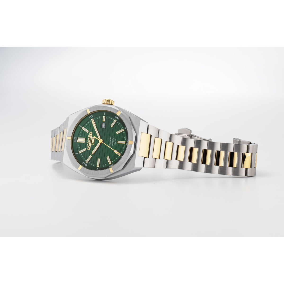 roamer stingray 42mm 3h green dial two tone watch