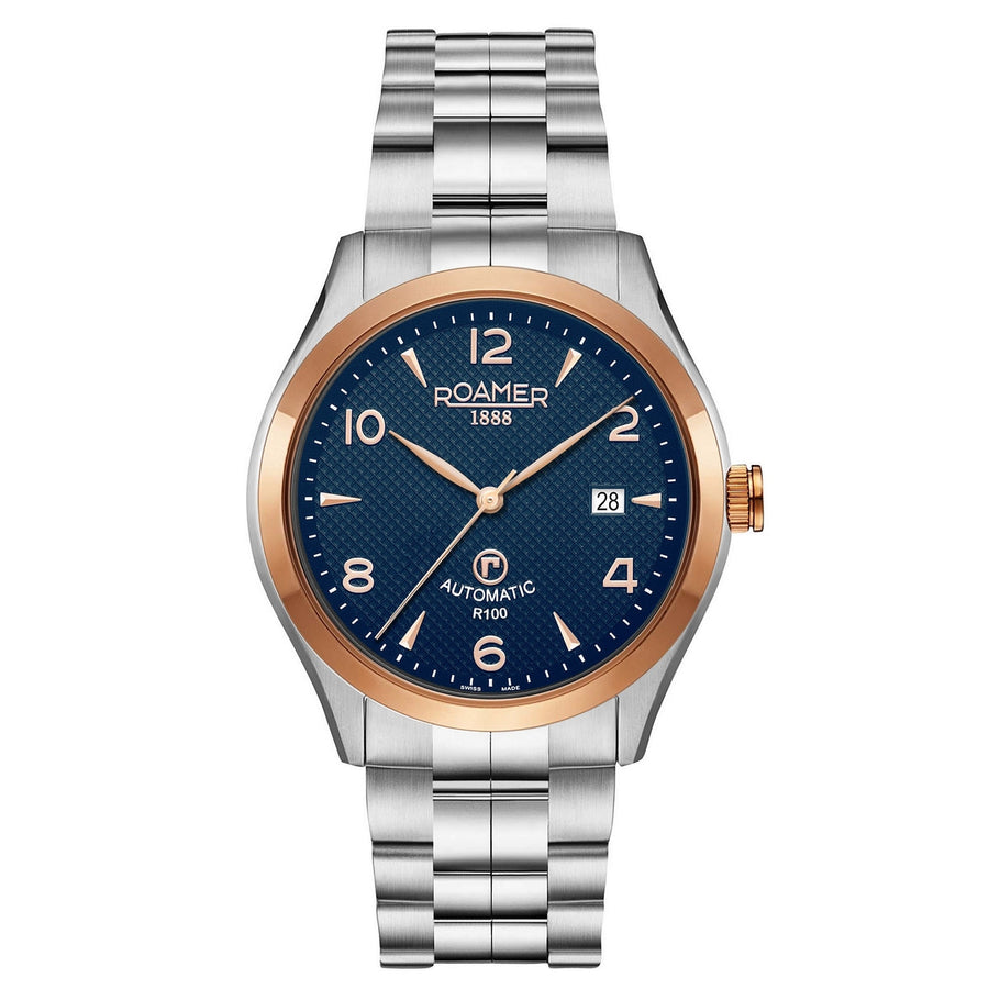 roamer r-100 automatic gents two tone blue dial stainless steel bracelet watch