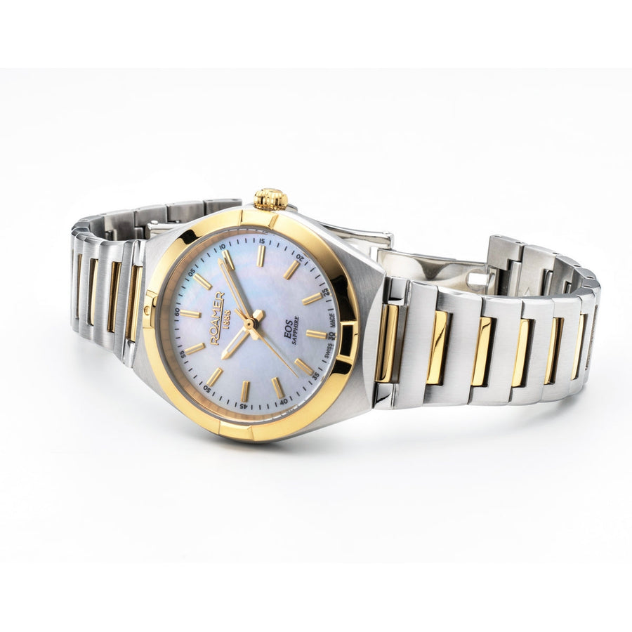 roamer eos classic ladies two tone mop dial bracelet watch