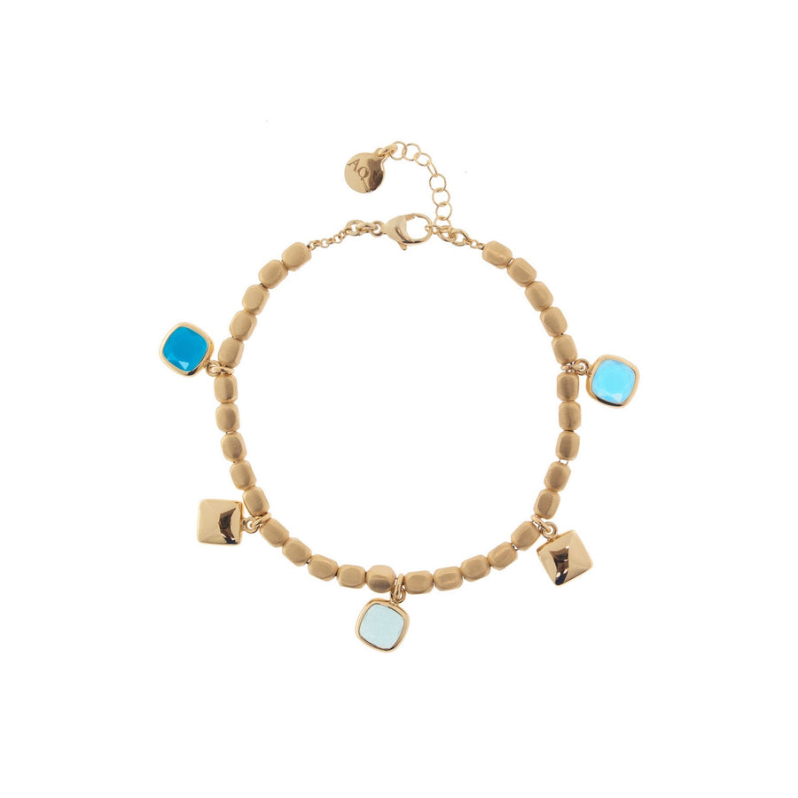 aquaforte mignon multiples dice bracelet with square satin and polished elements and charms with blue tones  faceted venitian glass