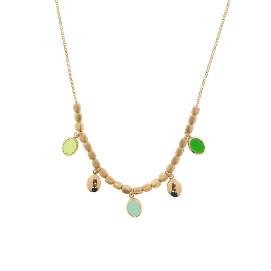 aquaforte mignon chain necklace with multiples dice central segment with satin and polished oval elements and charms with green tones  faceted venitian glass