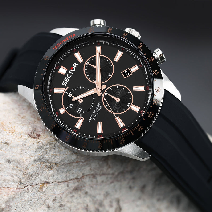 sector  270 45mm chronograph black dial black silicone strap watch