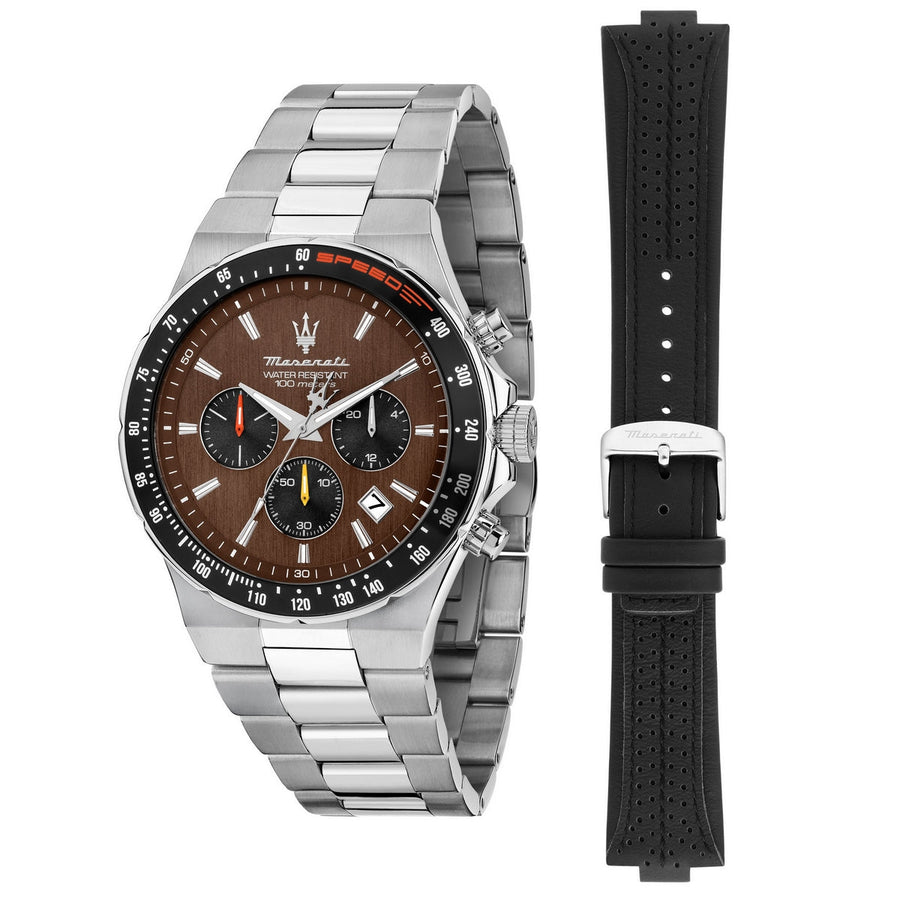 maserati sfida 41mm chronograph choco dial stainless steel bracelet with black strap gift set
