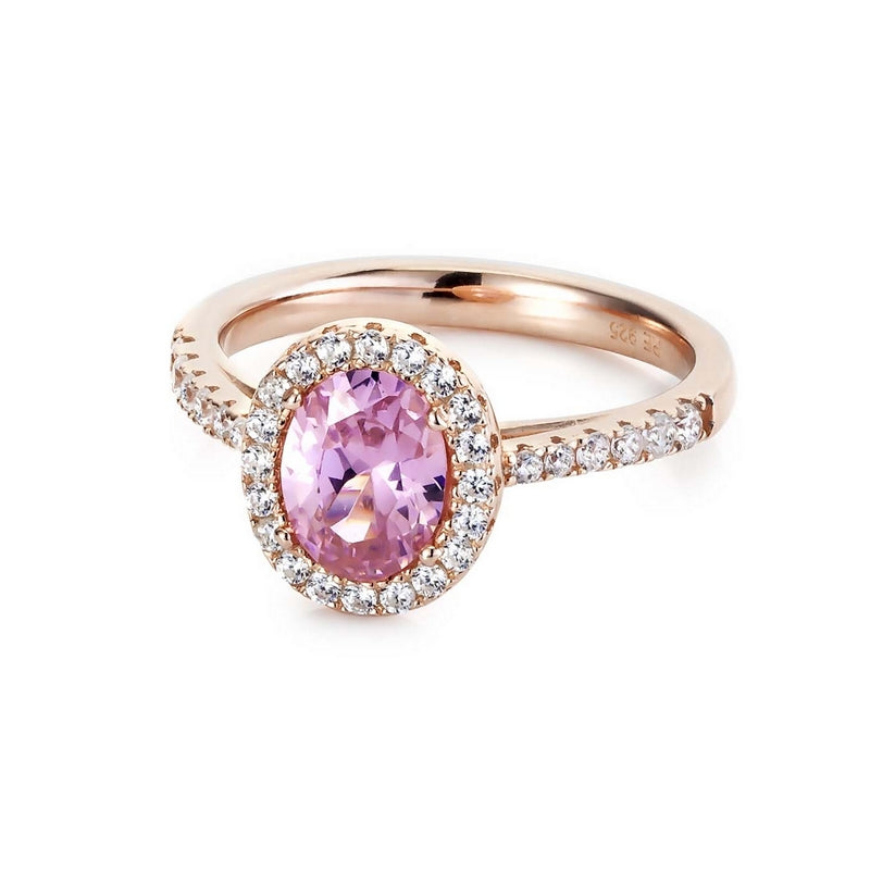 real effect rose gold ring with pink oval centre stone