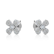 fully stone set floral stud earrings with claw set cubic zirconia center stone in sterling silver