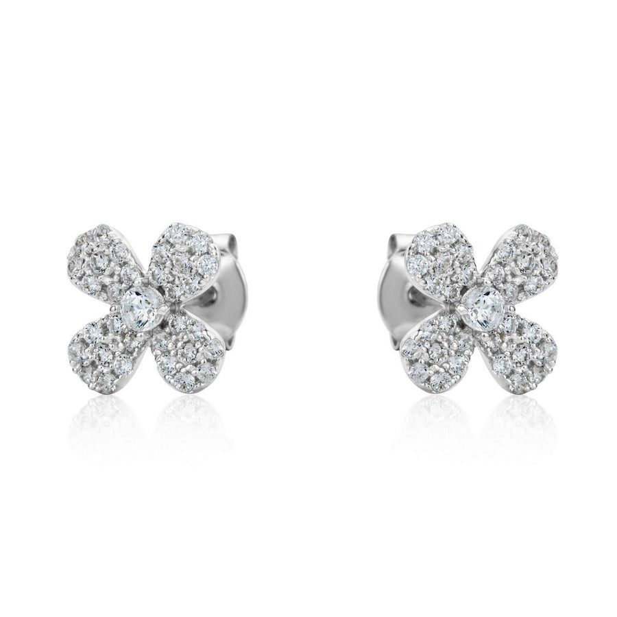 fully stone set floral stud earrings with claw set cubic zirconia center stone in sterling silver