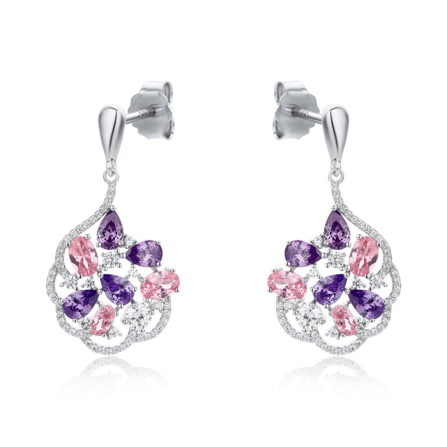 cubic zirconia, amethyst and rose quartz pendant drop earrings in sterling silver