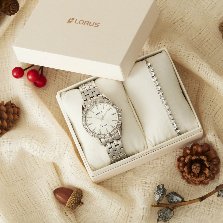 lorus ladies gift set stainless steel silver dial watch & silder bracelet