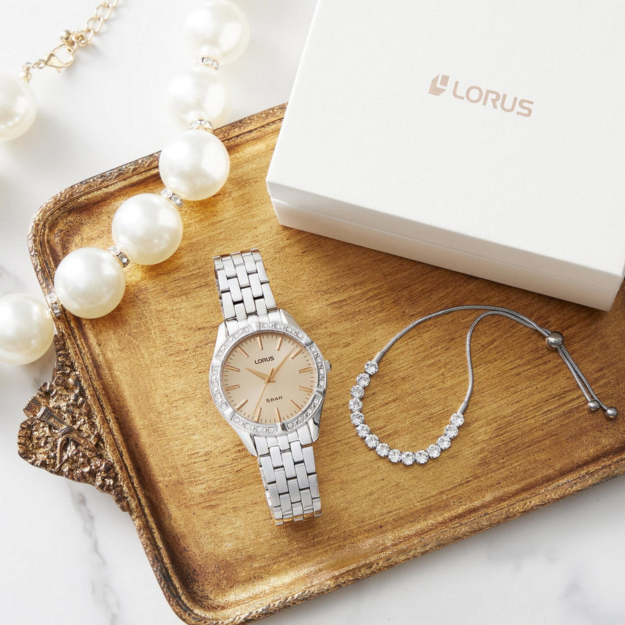 lorus ladies gift set stainless steel pink dial watch & silder bracelet