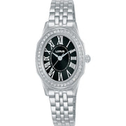 lorus quartz ladies stainless steel stone set black dial bracelet watch