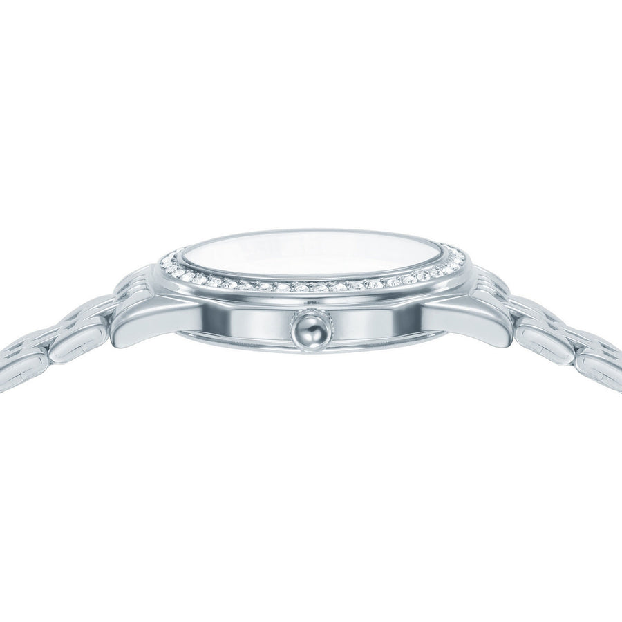 lorus quartz ladies stainless steel stone set black dial bracelet watch