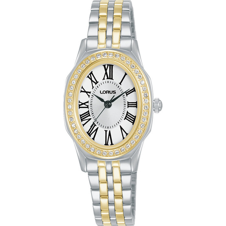 lorus quartz ladies two tone stone set white dial bracelet watch