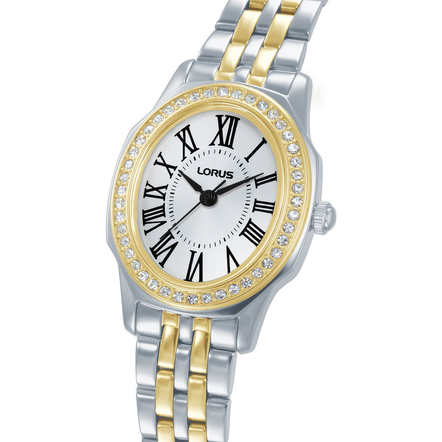 lorus quartz ladies two tone stone set white dial bracelet watch