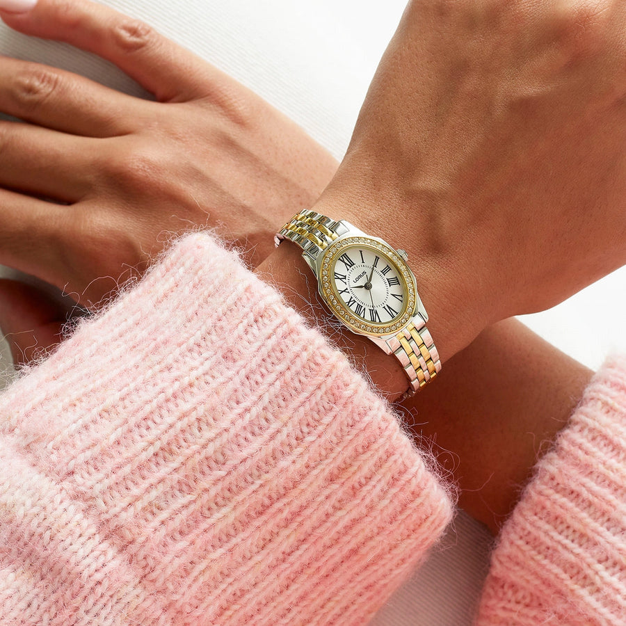 lorus quartz ladies two tone stone set white dial bracelet watch