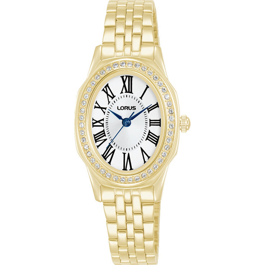 lorus quartz ladies gold plated stone set white dial bracelet watch