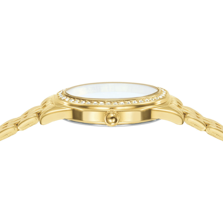 lorus quartz ladies gold plated stone set white dial bracelet watch