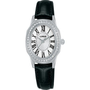 lorus quartz ladies stainless steel stone set black dial strap watch