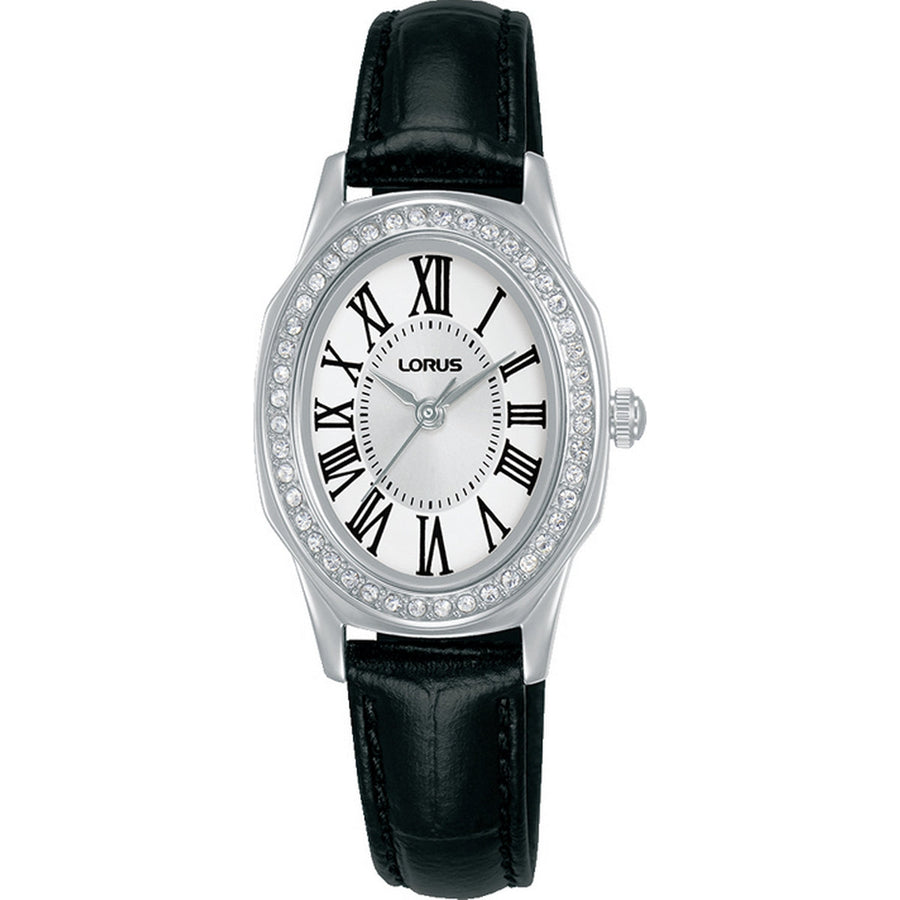 lorus quartz ladies stainless steel stone set black dial strap watch