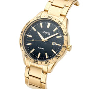 lorus quartz gents gold plated black dial bracelet watch