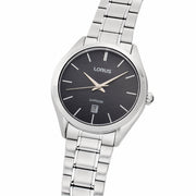 lorus quartz gents stainless steel black dial bracelet watch