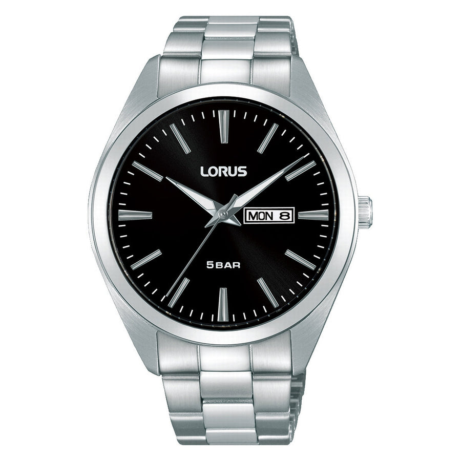 lorus quartz gents stainless steel black dial bracelet watch