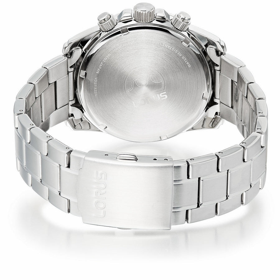 lorus quartz chronograph gents stainless steel black dial bracelet watch