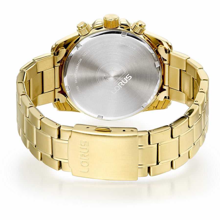 lorus quartz chronograph gents gold plated black dial bracelet watch