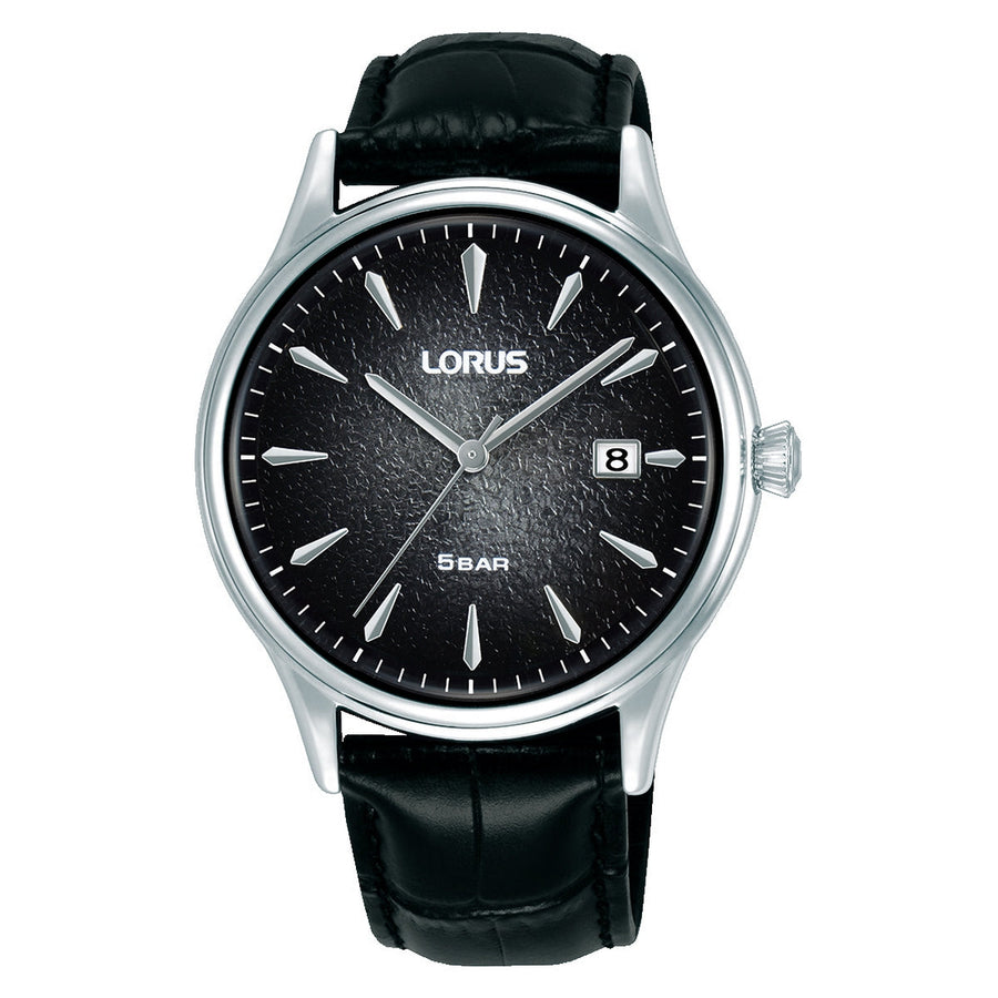 lorus quartz gents stainless steel black dial strap watch