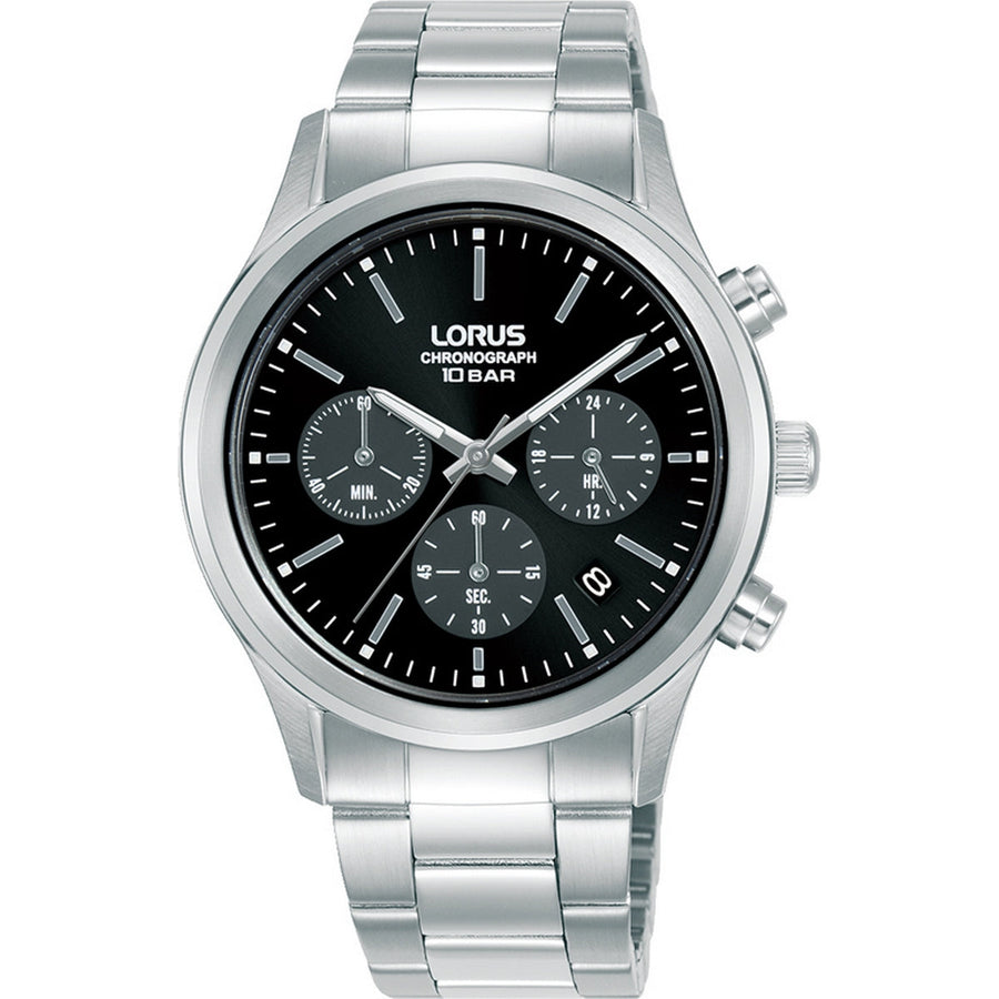 lorus quartz chronograph gents stainless steel black dial bracelet watch
