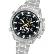 lorus quartz duo display gents stainless steel black dial bracelet watch
