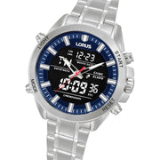 lorus quartz duo display gents stainless steel blue dial bracelet watch