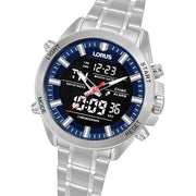 lorus quartz duo display gents stainless steel blue dial bracelet watch