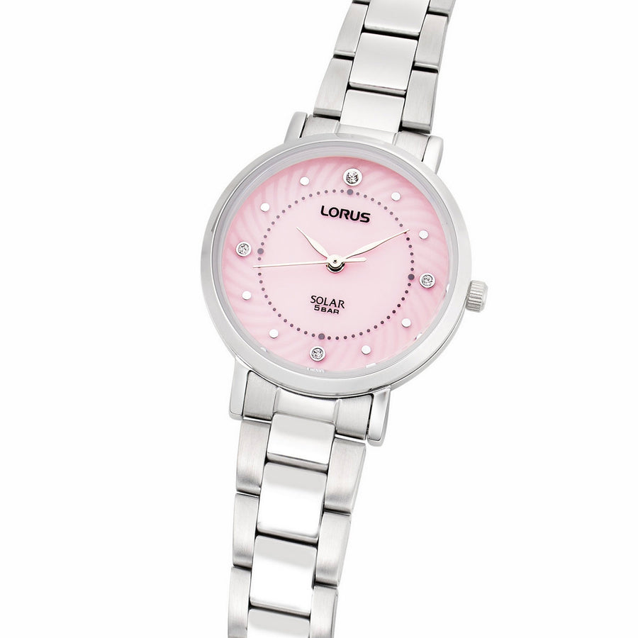 lorus solar ladies stainless steel pink dial bracelet watch