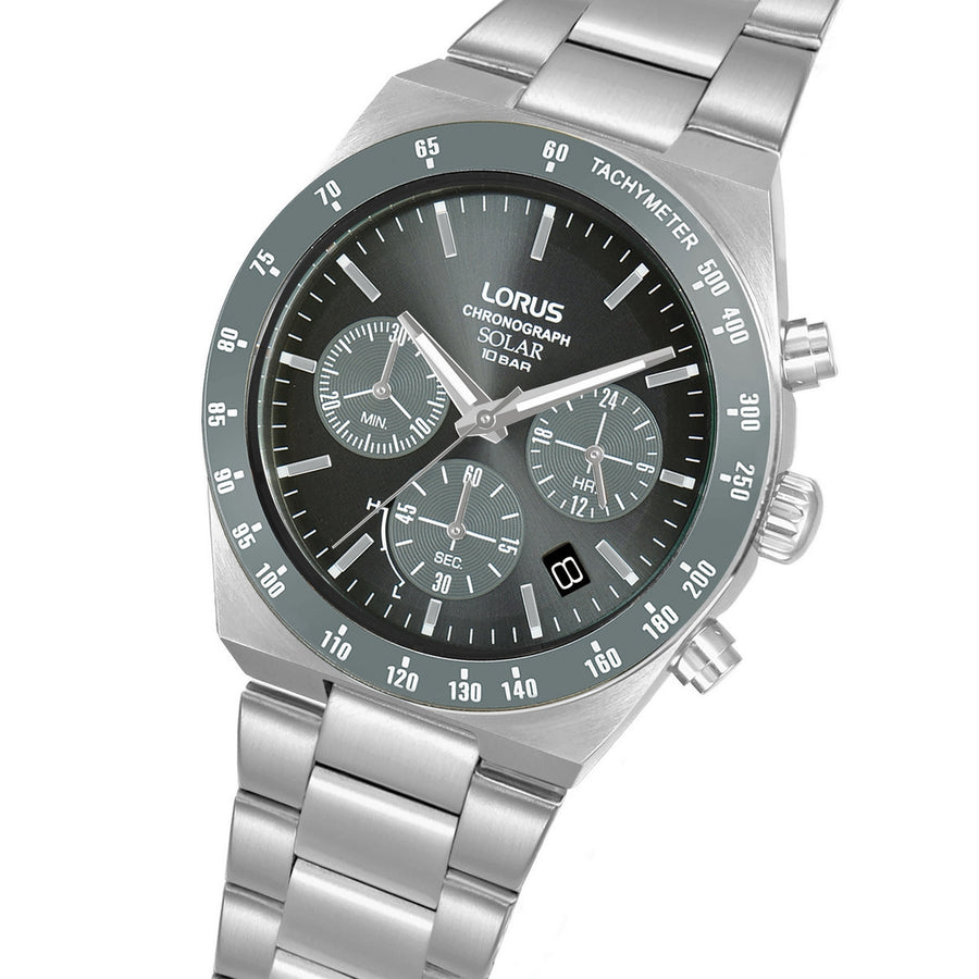 lorus solar chronograph gents stainless steel black dial bracelet watch