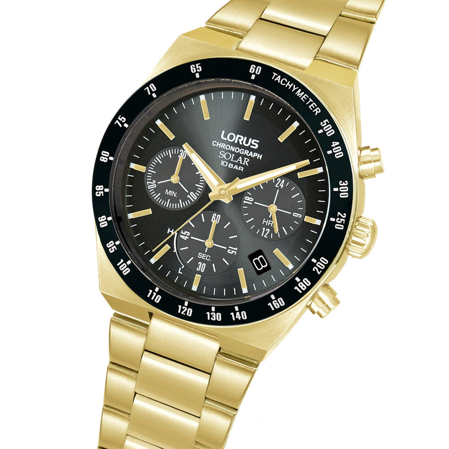 lorus solar chronograph gents gold plated black dial bracelet watch