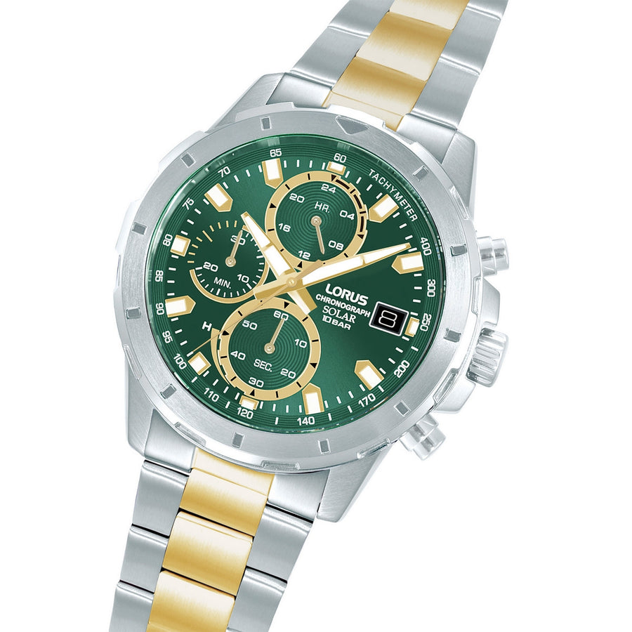 lorus solar chronograph gents two tone green dial bracelet watch