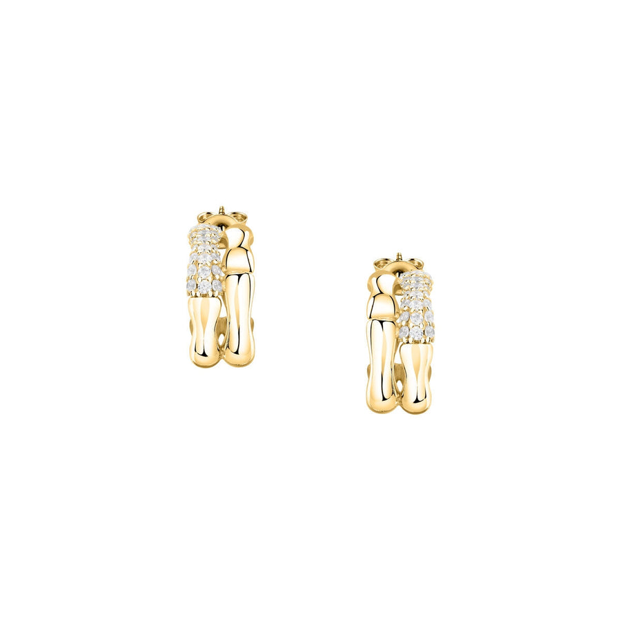 essenza huggie earrings 925 silver bamboo feature with cz 18k gold plating