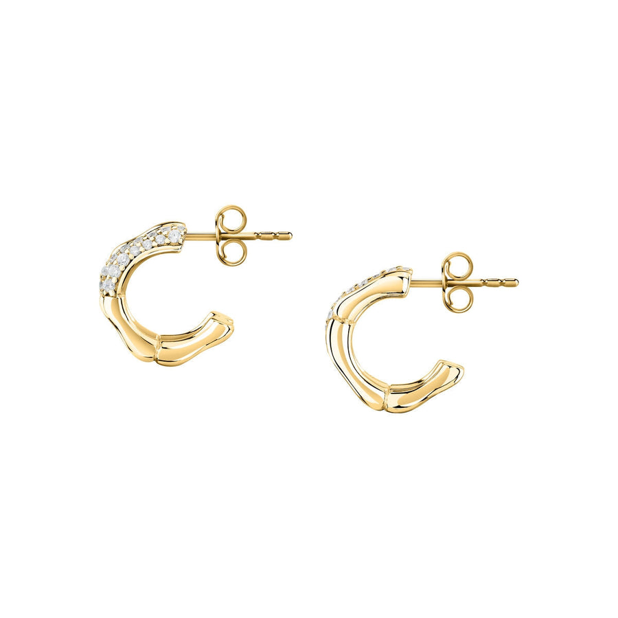 essenza huggie earrings 925 silver bamboo feature with cz 18k gold plating