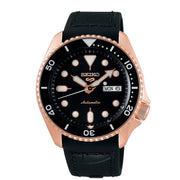 seiko 5 automatic black dial rose gold strap watch